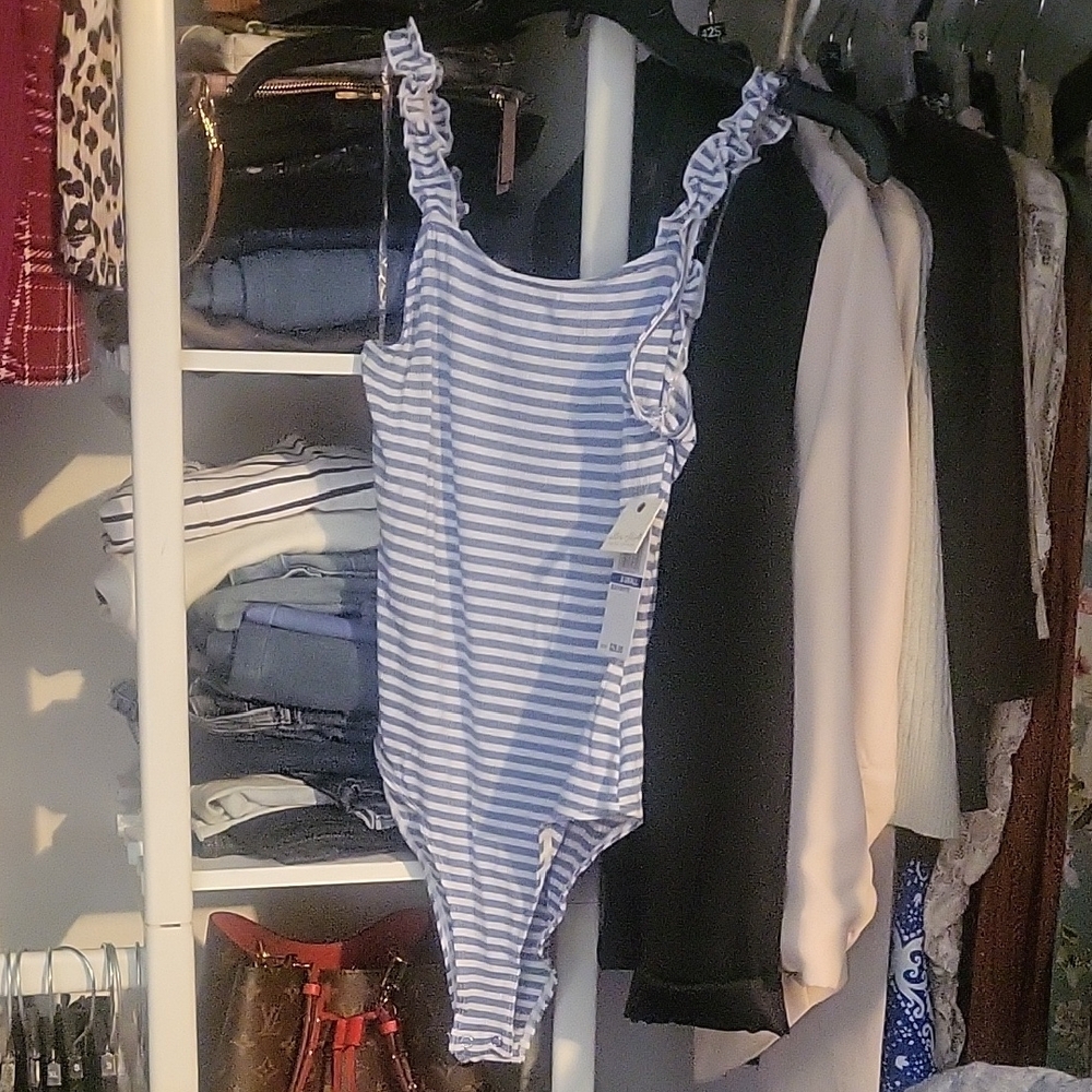 Ultra Flirt Blue and White Striped Bodysuit